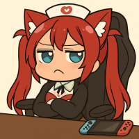 猫耳,赤髪,ツインテール,看護師帽,アームチェア,ゲーム機,デフォルメ,アニメ風,腕組み