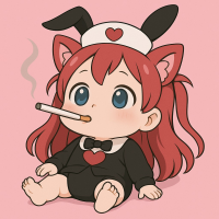 アニメ,赤髪,猫耳,バニーガール,ハート,タバコ,幼い,座る,ピンク背景