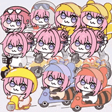 アニメキャラクター,ピンクの髪,カート,ヘルメット,ぬいぐるみ