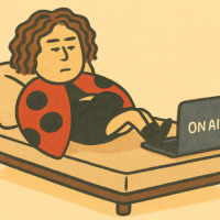 女性,寝そべり,パソコン,ON AIR,コスチューム,てんとう虫,配信,イラスト