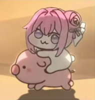 ゆるキャラ,ピンク髪,豚,かわいい,アニメ風,ぬいぐるみ,女の子,リボン